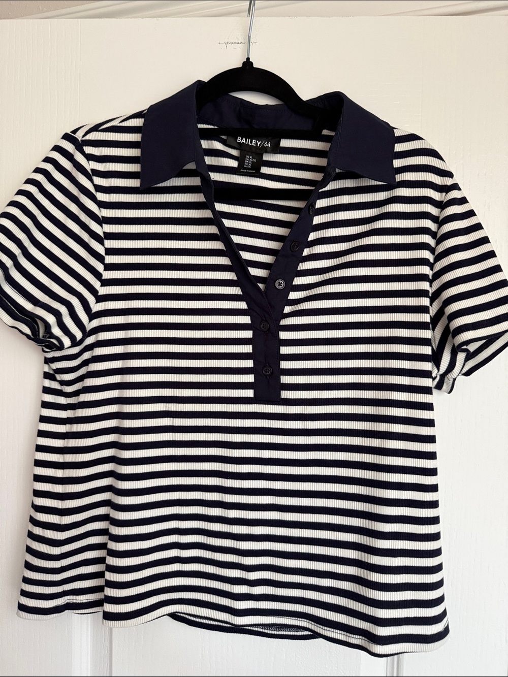 Navy and White Striped Button-Down Polo Top